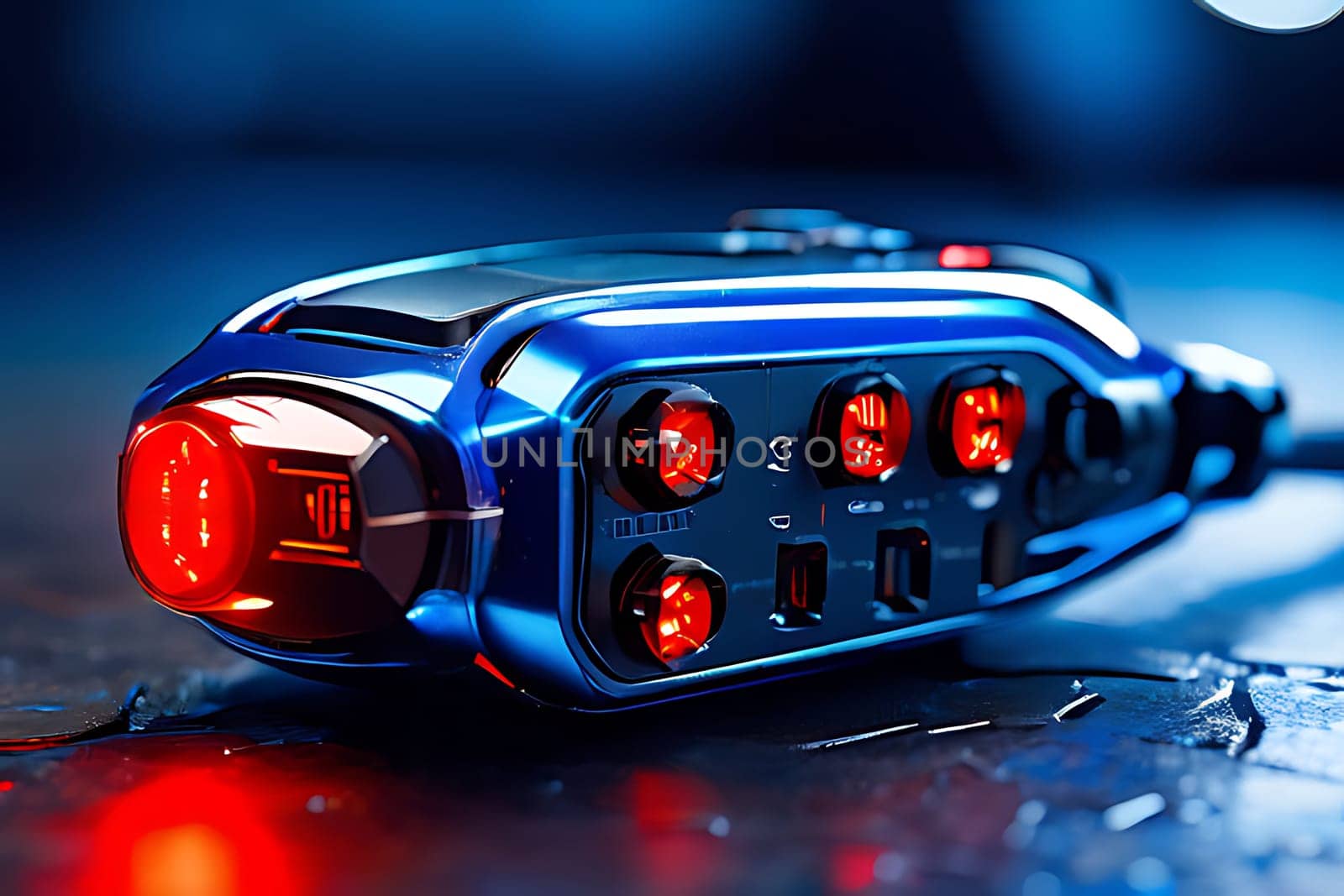 A detailed view of a blue and red object placed on a table, capturing the vibrant colors and intricate details of the item. The object stands out against the neutral background, showcasing its bold hues.