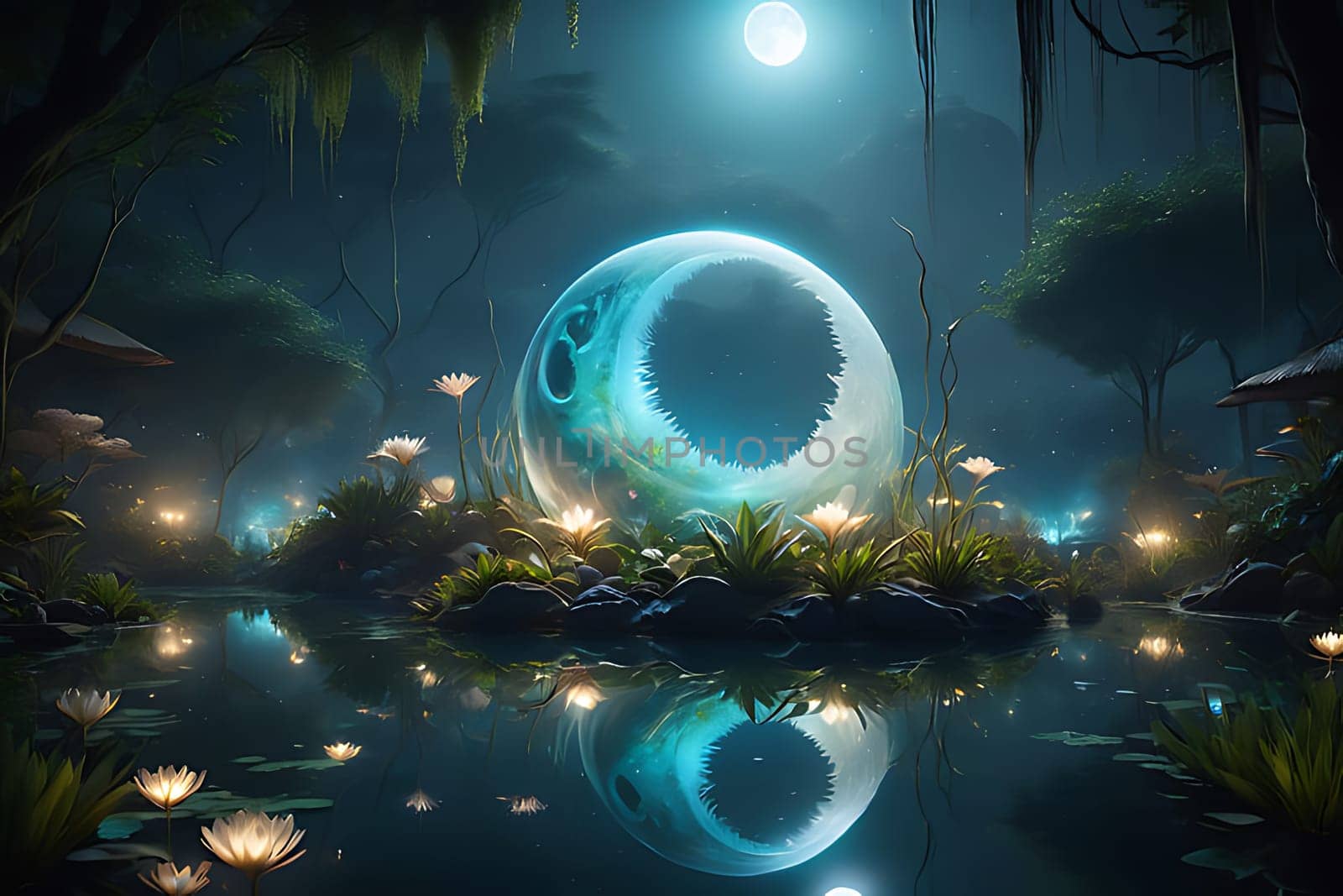 A painting depicting a large moon shining brightly in the night sky, surrounded by tall trees and a dense forest. The moonlight casts a soft glow on the foliage and forest floor, creating a mystical atmosphere.
