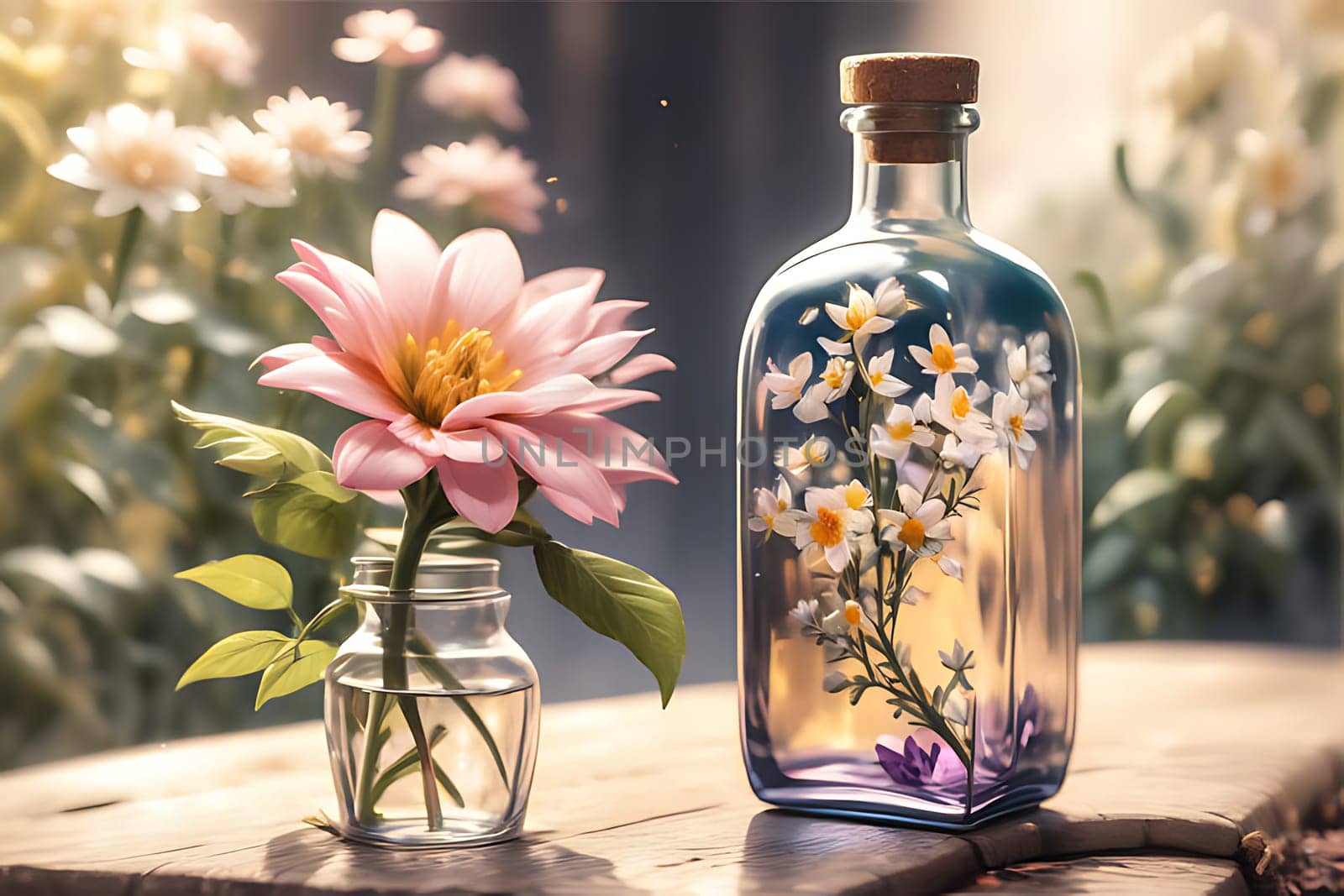 A glass bottle with a flower painted on it sits next to a vase containing a fresh flower. The artistic bottle complements the real flower, creating a harmonious display of art and nature.