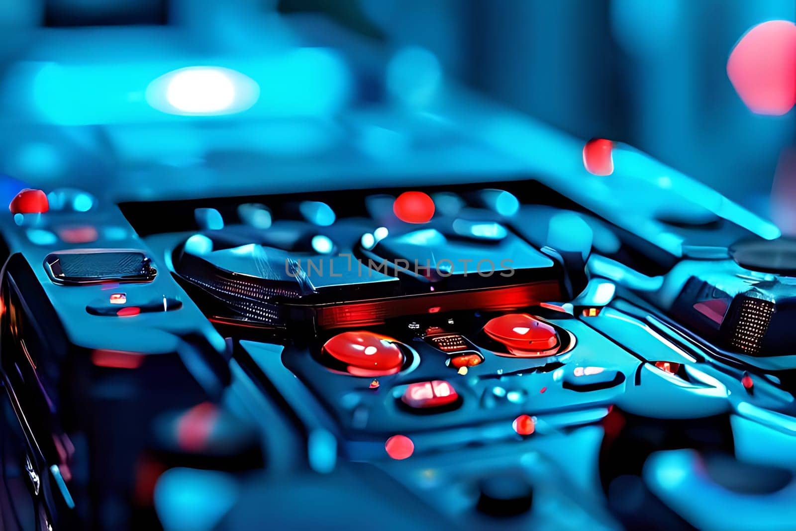 A detailed view of a video game controller for a gaming system, showcasing buttons, joysticks, and a sleek design. The controller is well-used and features various symbols and labels for different functions.