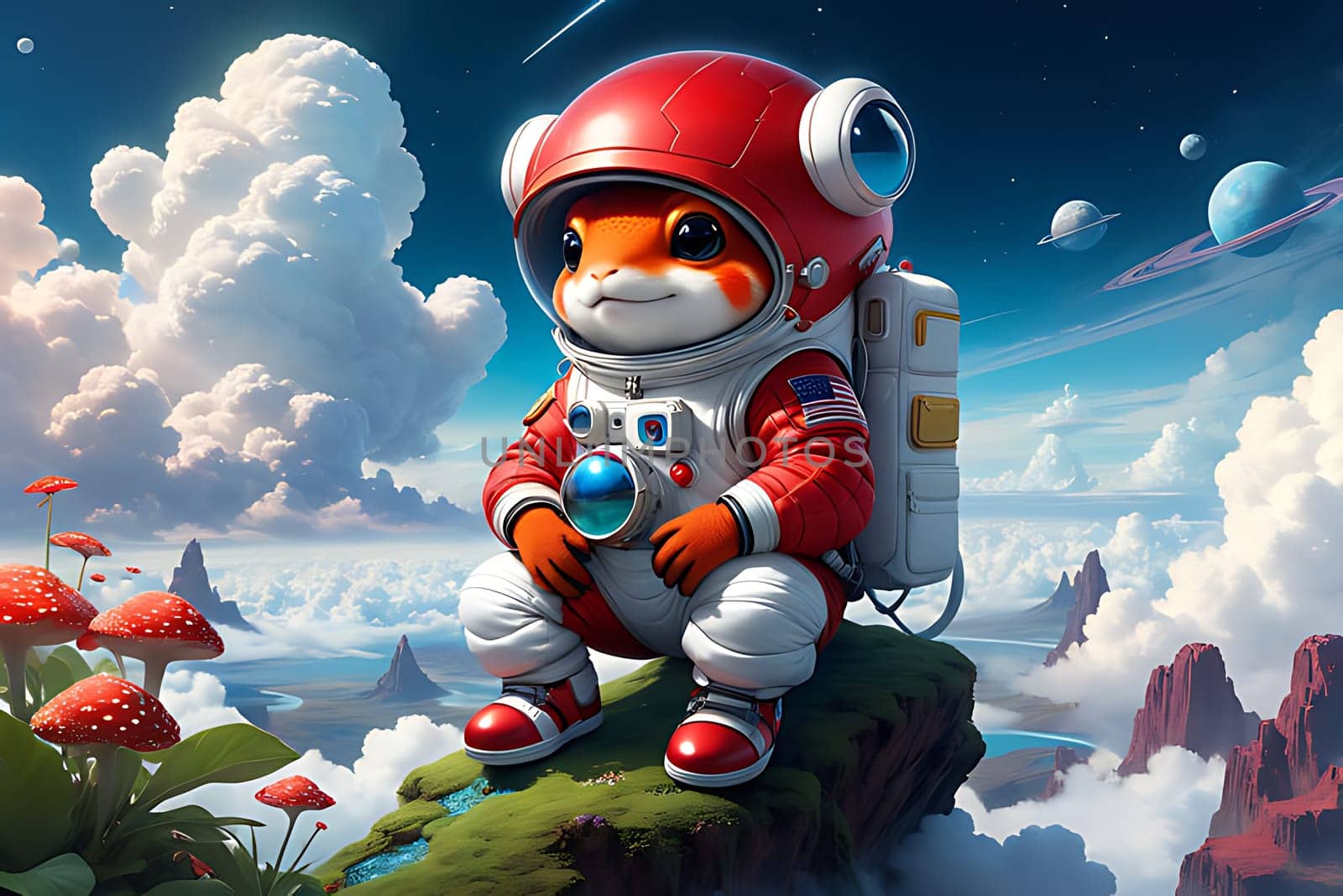 A red and white cat, dressed in a futuristic space suit, calmly sits on a rock in an out-of-this-world environment.