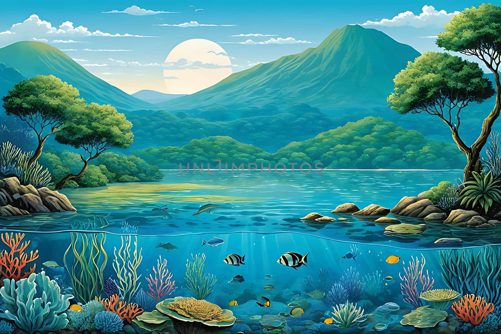A traditional painting depicting a lake with a towering mountain in the background. The artist has skillfully captured the reflections on the water and the rugged texture of the mountain.