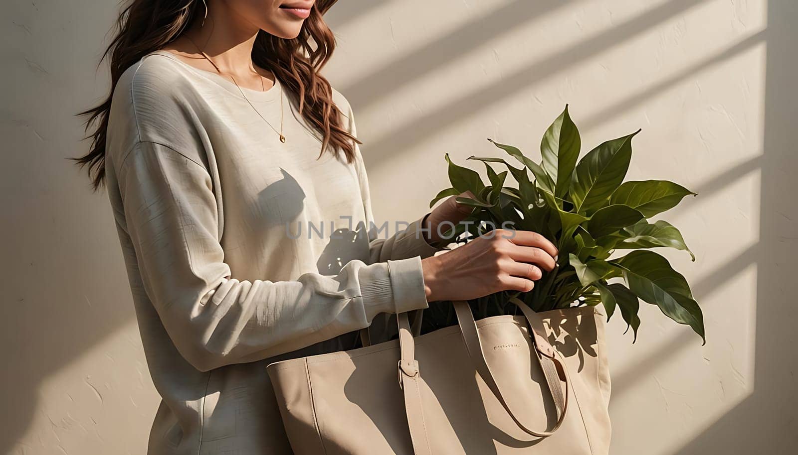 A woman is standing while gently cradling a small plant in her hand, showcasing the green foliage against her skin. She appears to be studying the plant with a curious expression on her face.