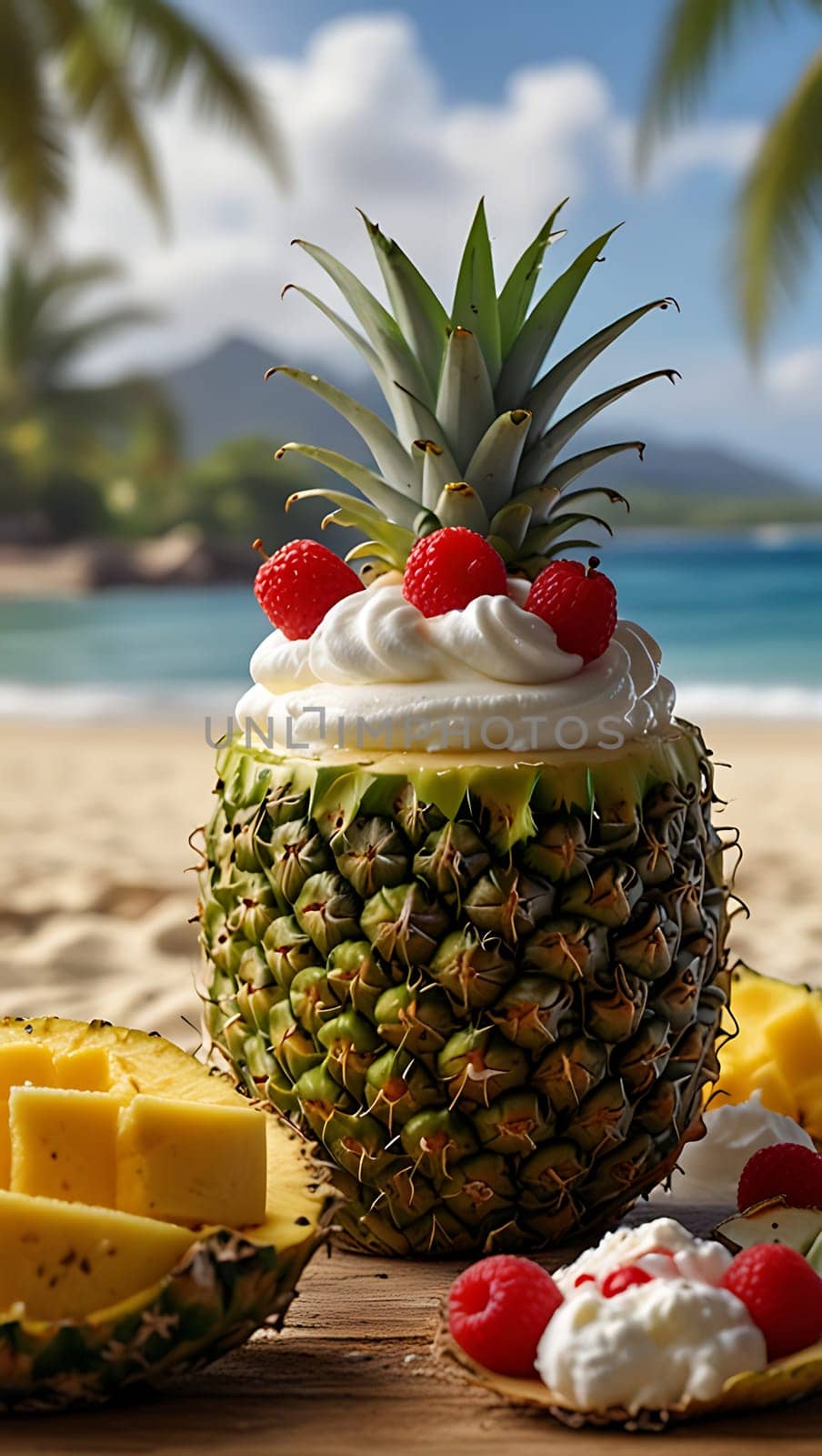 A pineapple topped with whipped cream and assorted fruits sitting on a sandy beach with ocean waves in the background. The tropical setting enhances the vibrant colors and freshness of the dessert.
