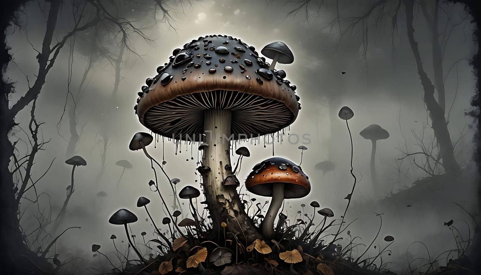 A cluster of mushrooms of various sizes and colors sitting atop a bed of fallen leaves and twigs in a dense forest setting.