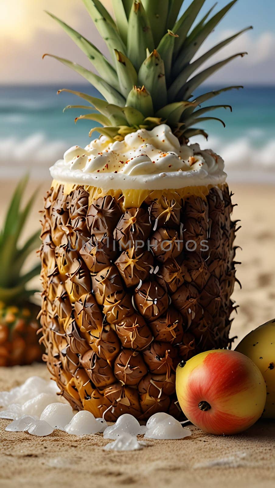 A ripe pineapple fruit is placed on top of a sandy beach, with grains of sand sticking to its textured skin under the warm sun. The contrast between the rough exterior of the pineapple and the softness of the beach creates an interesting visual.