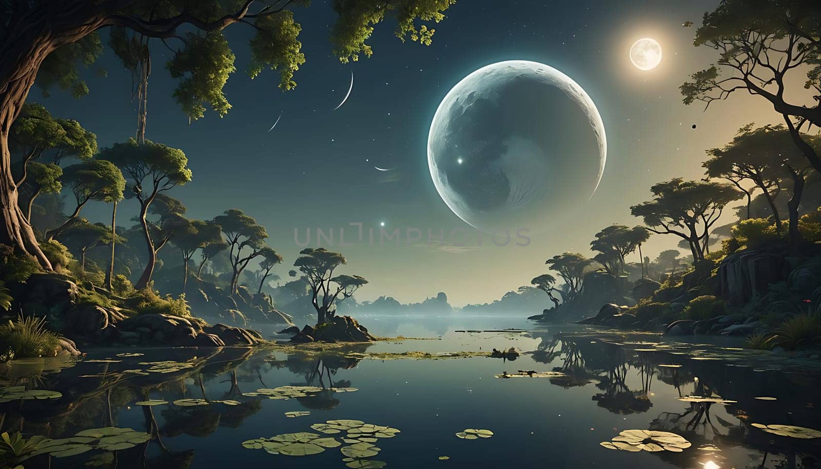 A painting depicting a moon shining in the night sky above a calm lake. The moons reflection shimmers on the water, surrounded by lily pads floating on the surface.