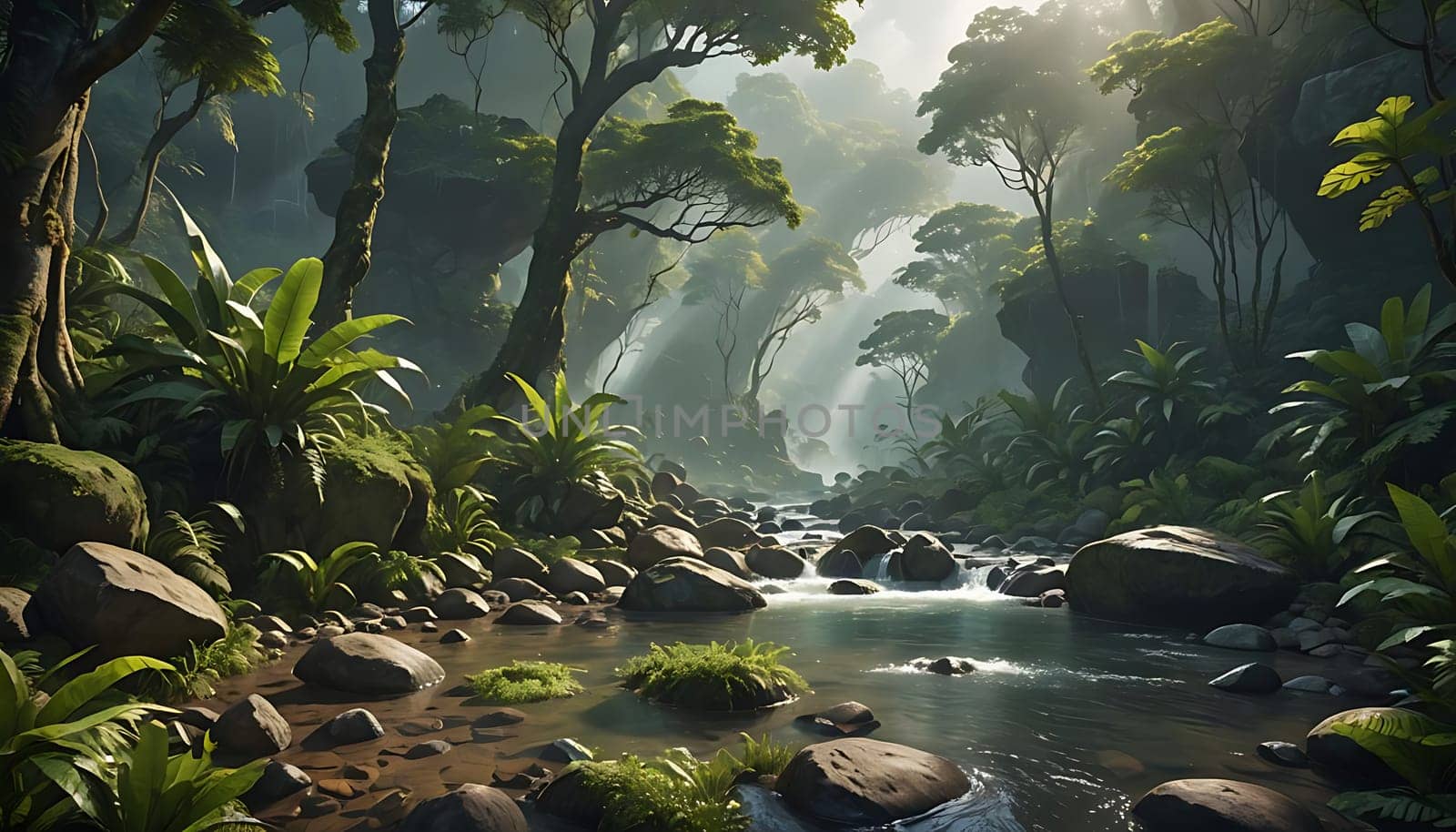 A stream meanders through a dense and vibrant green forest, surrounded by lush vegetation and towering trees. The water flows smoothly over rocks and logs, creating small ripples and glistening in the sunlight.
