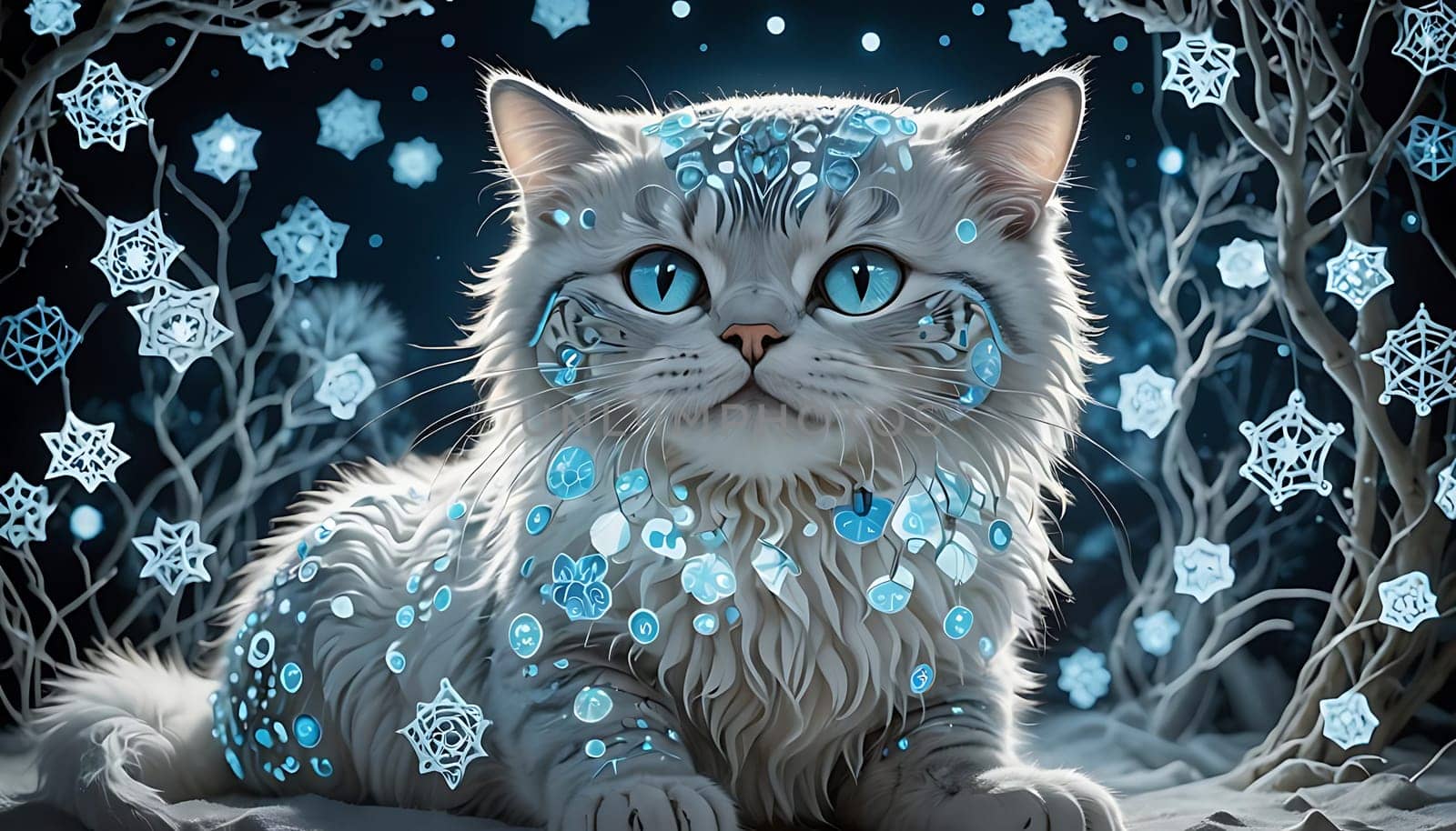 A cat with blue eyes sits gracefully in the snow, looking alert and curious. The white snow contrasts beautifully with the cats dark fur and vibrant eyes.