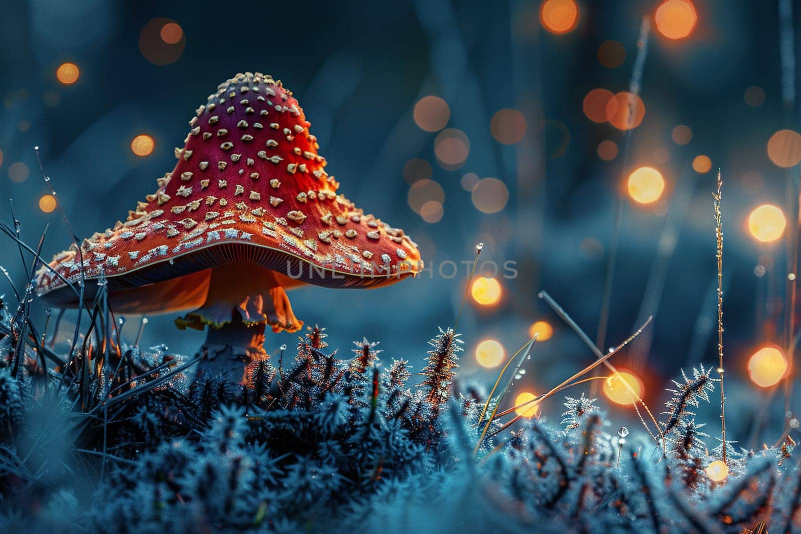 Fantasy fly agaric in mystery dark forest at night. Fly agaric against a background of golden bokeh.