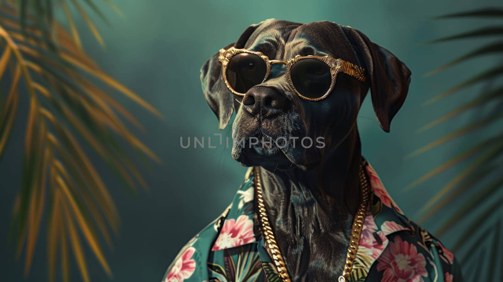 Stylish cool dog in Hawaiian shirt and sunglasses, posing confidently with gold chains against a summer background.