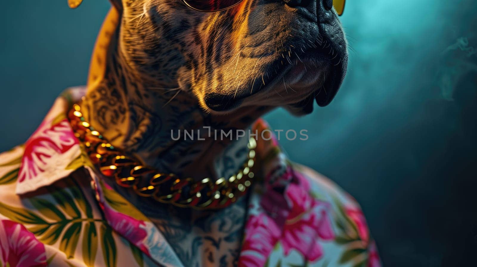 Stylish cool dog in Hawaiian shirt and sunglasses, posing confidently with gold chains against a summer background.