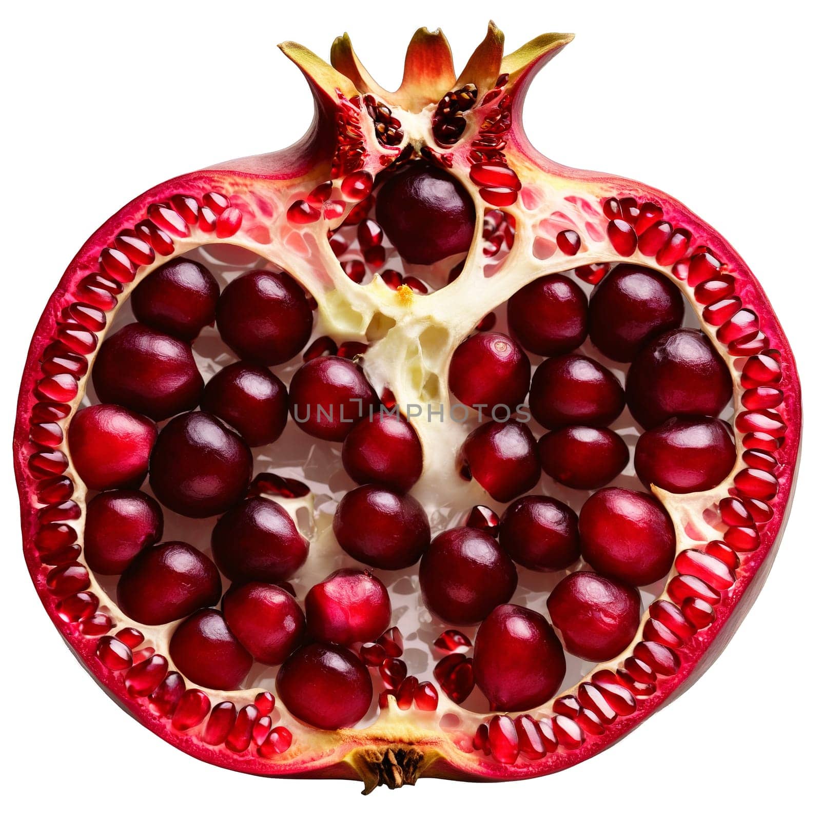 Pomegranate round with a deep red exterior split open to reveal clusters of juicy jewel. Food isolated on transparent background
