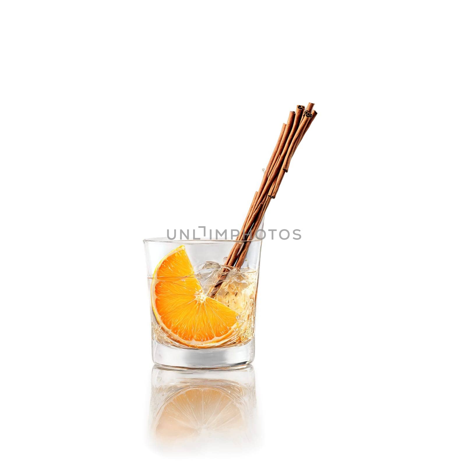 Spiced rum punch with orange slice and cinnamon stick splashing out of glass Food and. Food isolated on transparent background.