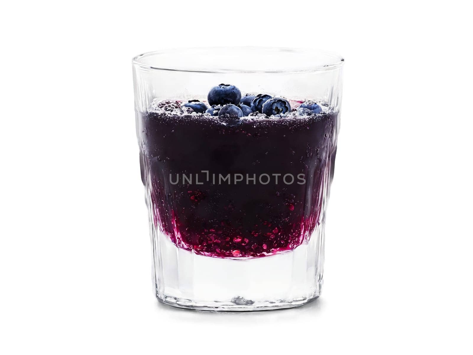 Bilberry Juice Dark bilberry juice in a clear shot glass bilberries and frost icy splash. Drink isolated on transparent background.
