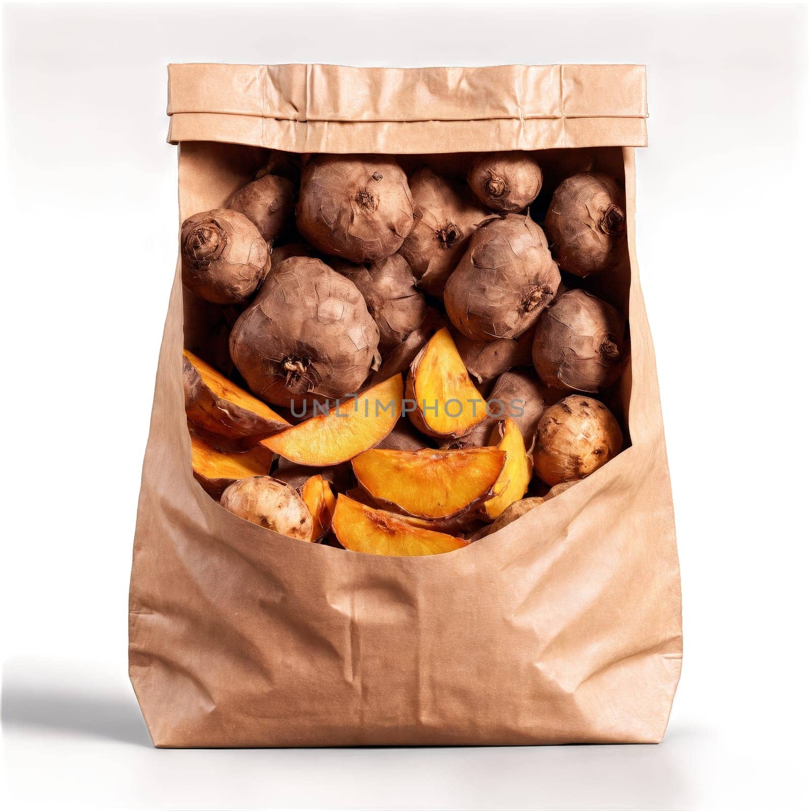 Recycled paper bag brimming with gut friendly sunchokes and yacon with prebiotic rich tubers tumbling. Food isolated on transparent background.