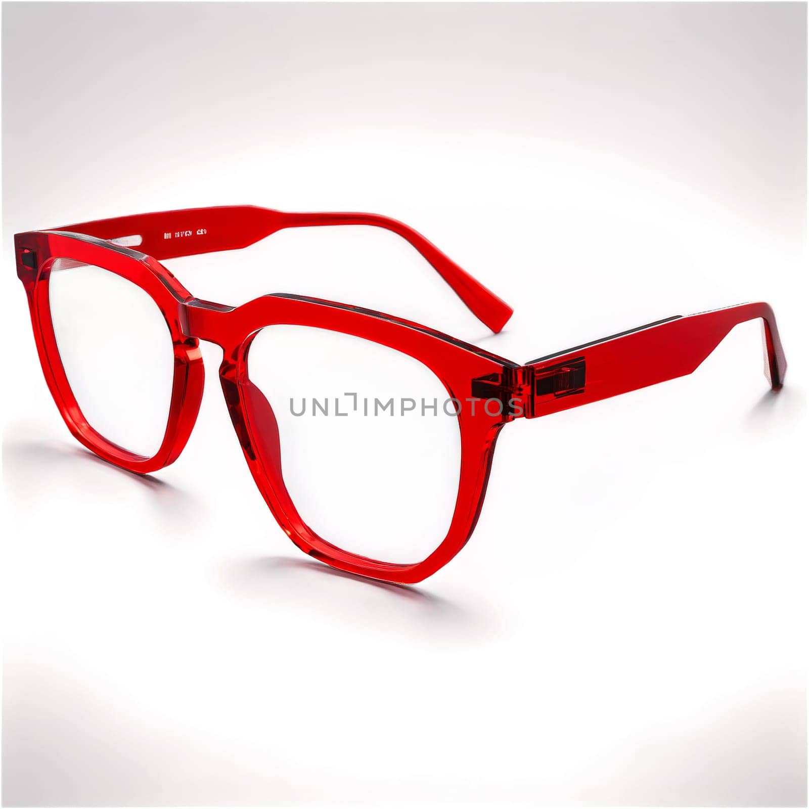 Geometric glasses with bold red acetate frames and clear lenses creating a striking statement piece. Product isolated on transparent background