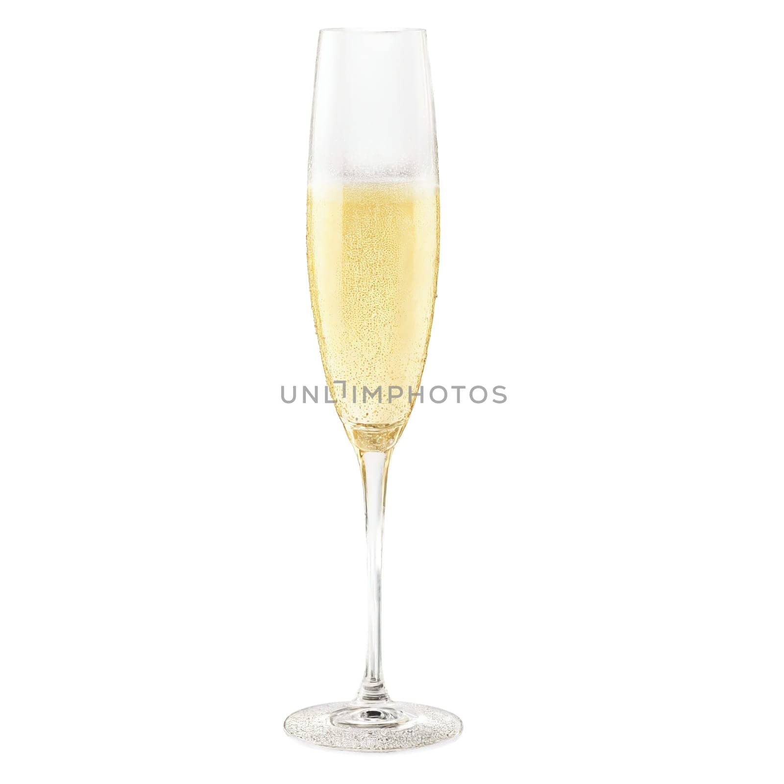 Rogaska Expert Champagne glass handmade crystal flute slender silhouette golden champagne bubbles close up from. Close-up wine glass, isolated on transparent background