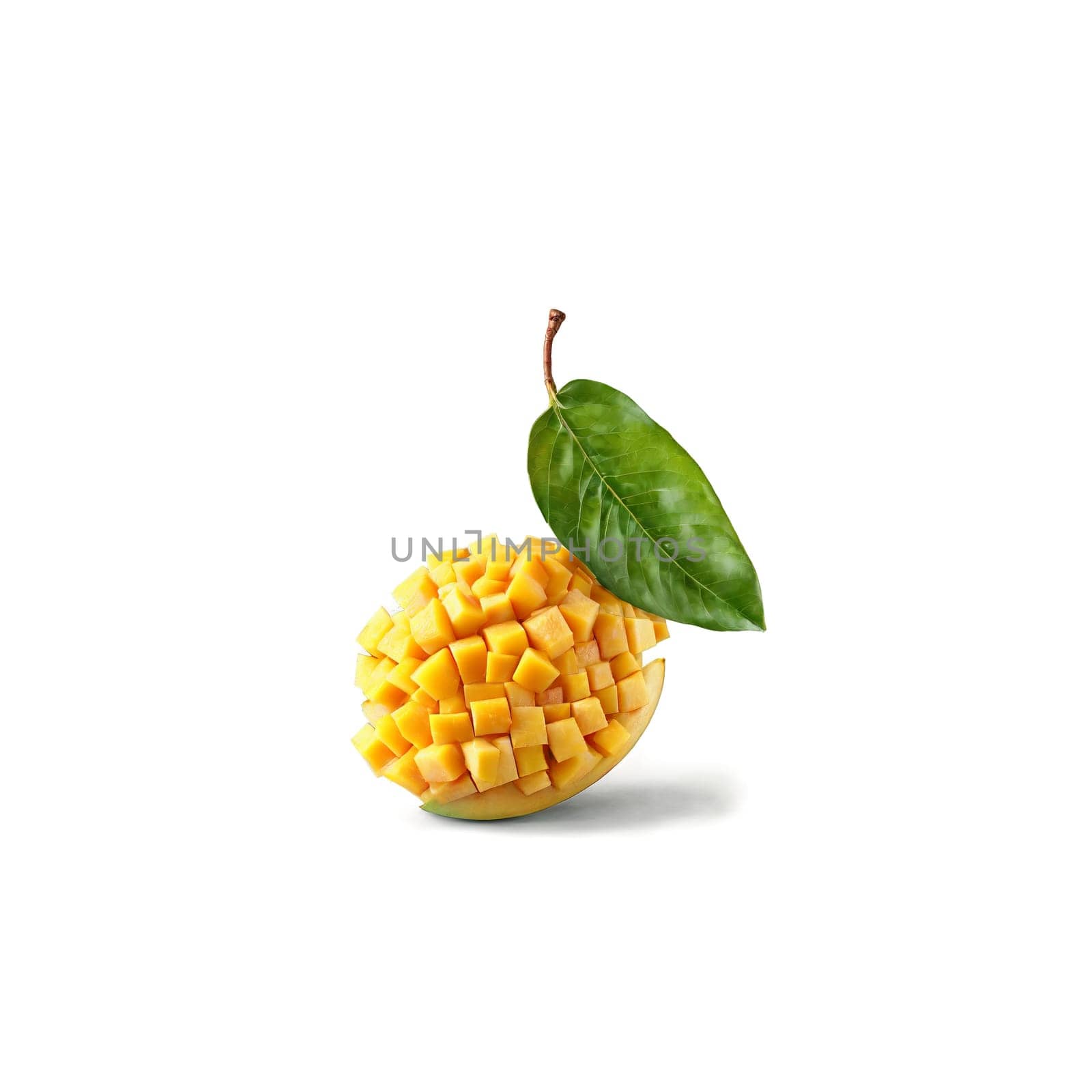 Mango with cubed flesh and skin peeled back in spiral motion Food and culinary concept. Food isolated on transparent background.