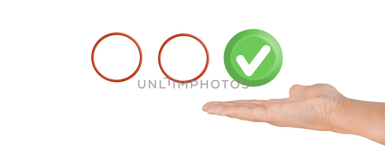 Hand hold green right sign icon and empty red icon isolated on white. Choice concept.