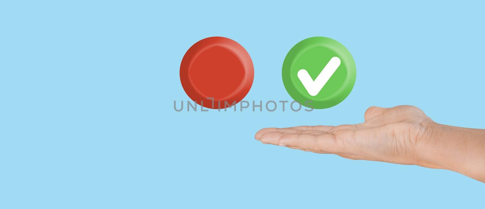 Hand hold green right sign icon and empty red icon on blue background. Choice concept.