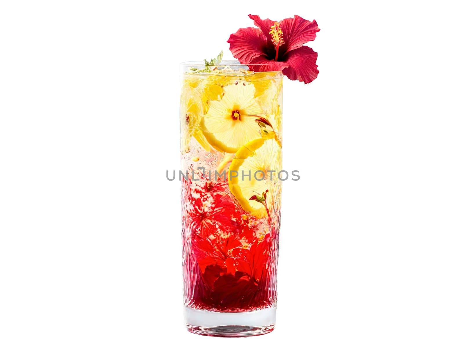 Hibiscus soda in a tall thin glass hibiscus flowers and lemon slices floral and tart. Drink isolated on transparent background.
