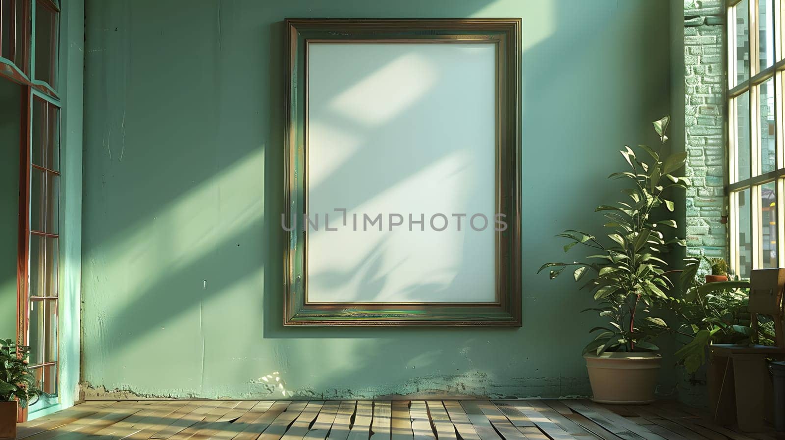 A rectangular picture frame is hanging on a green wall in a room with plantfilled flowerpots, colorful tints and shades, and glass windows