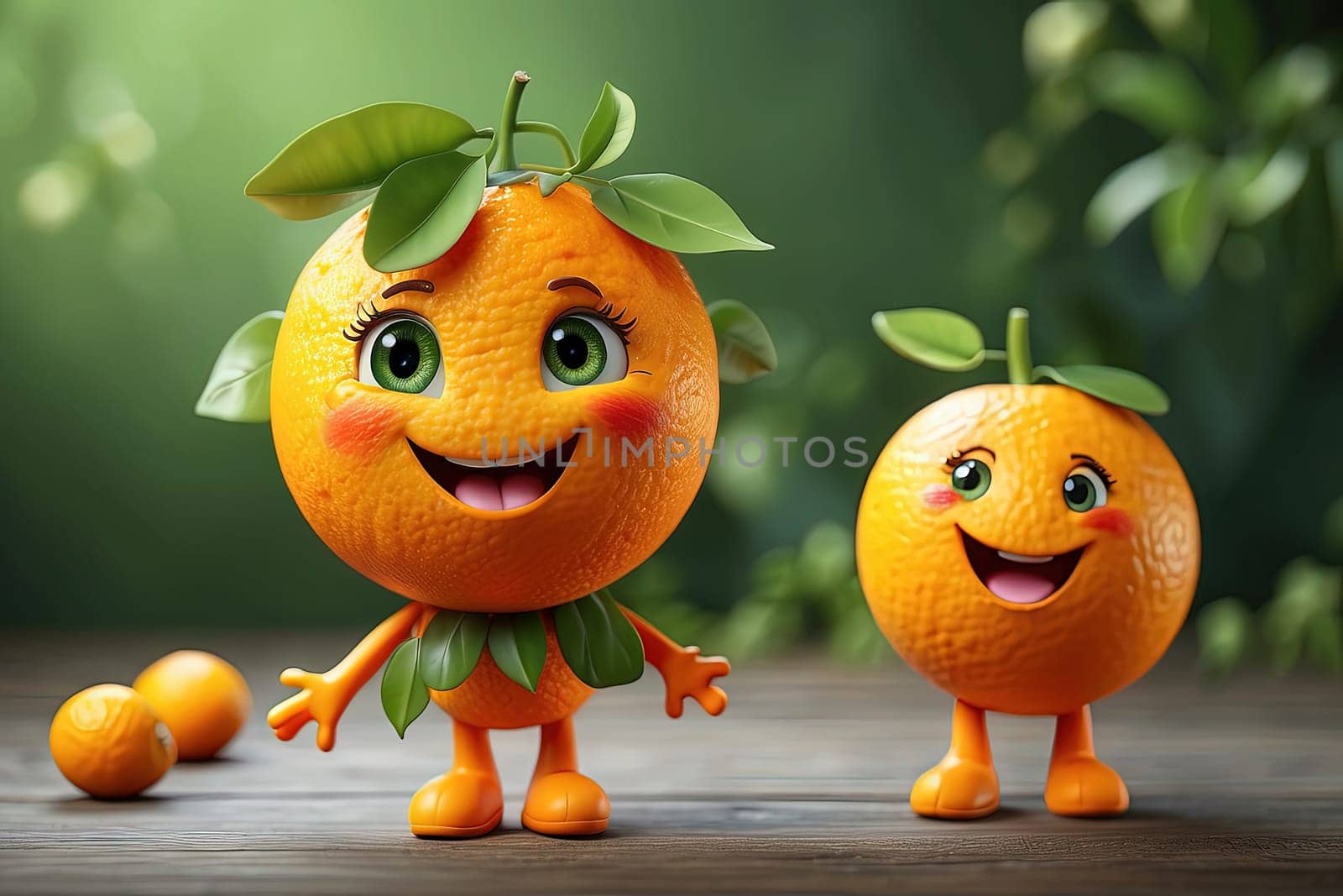 Cute funny tangerines with leaves on wooden table, outdoors. Generative AI.