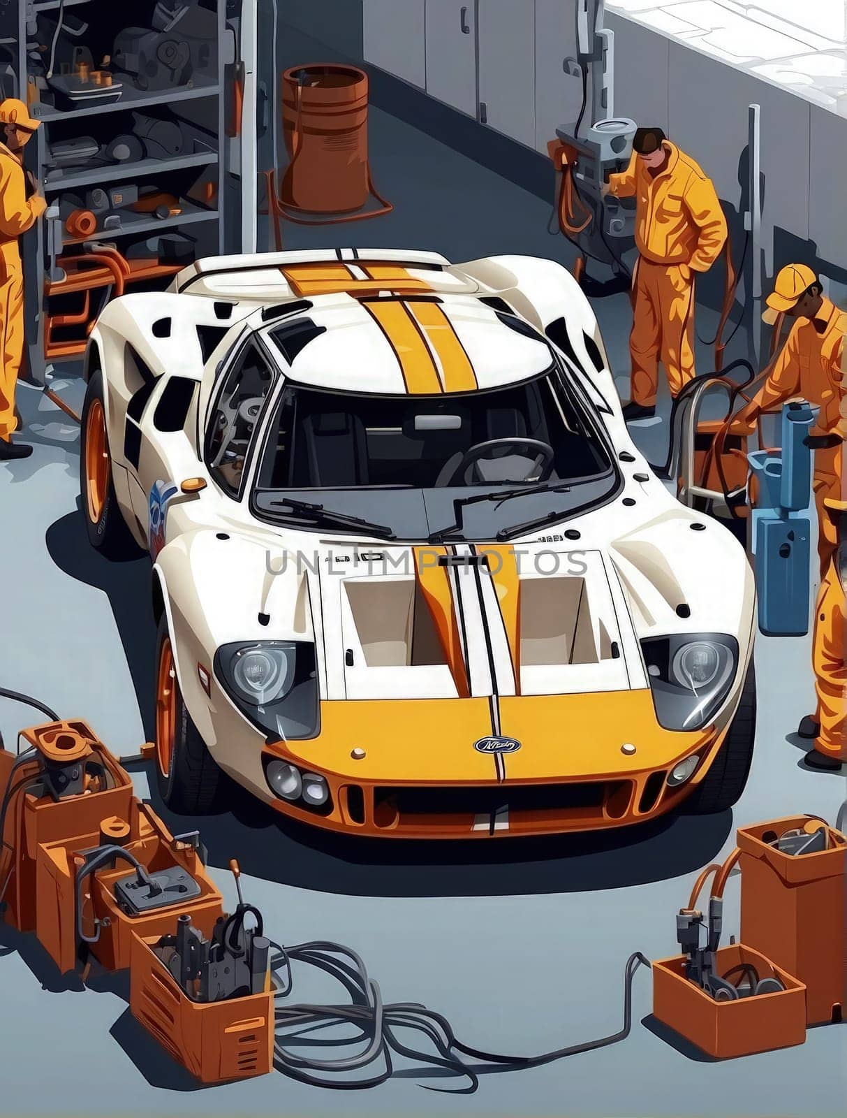 3d rendering of a supercar in a workshop on a factory floor. Generative AI.