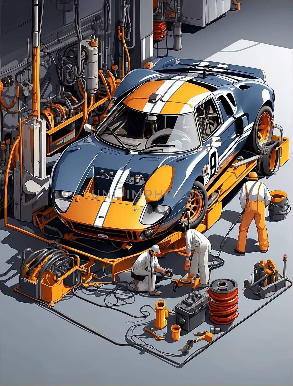 car body repair series: assembly of the body of a supercar. Generative AI.
