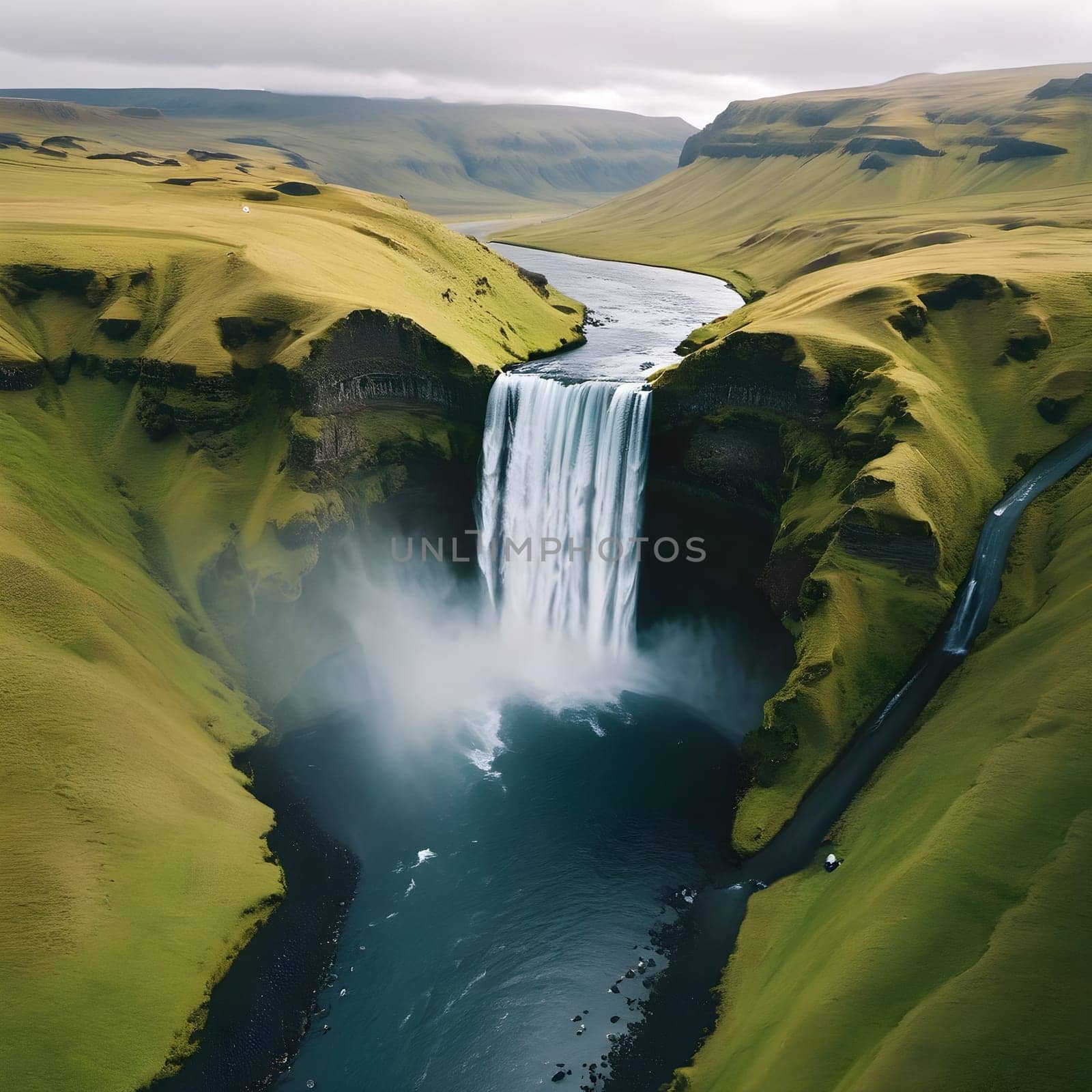 Icelandic Majesty: Aerial Glimpse of Skogafoss Waterfall's Nordic Splendor