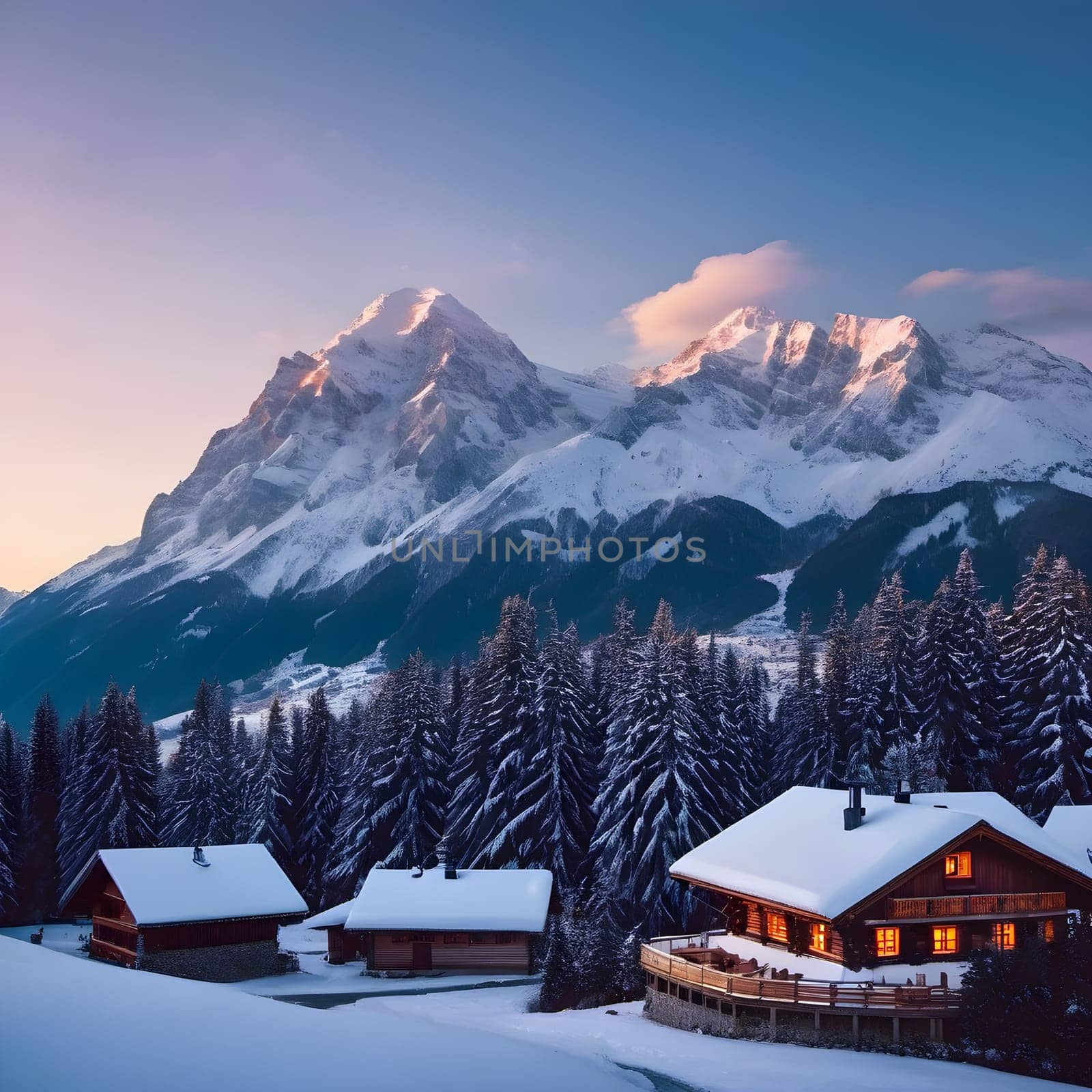 Golden Tranquility: Sunset Panorama of the Snow-Capped Alps