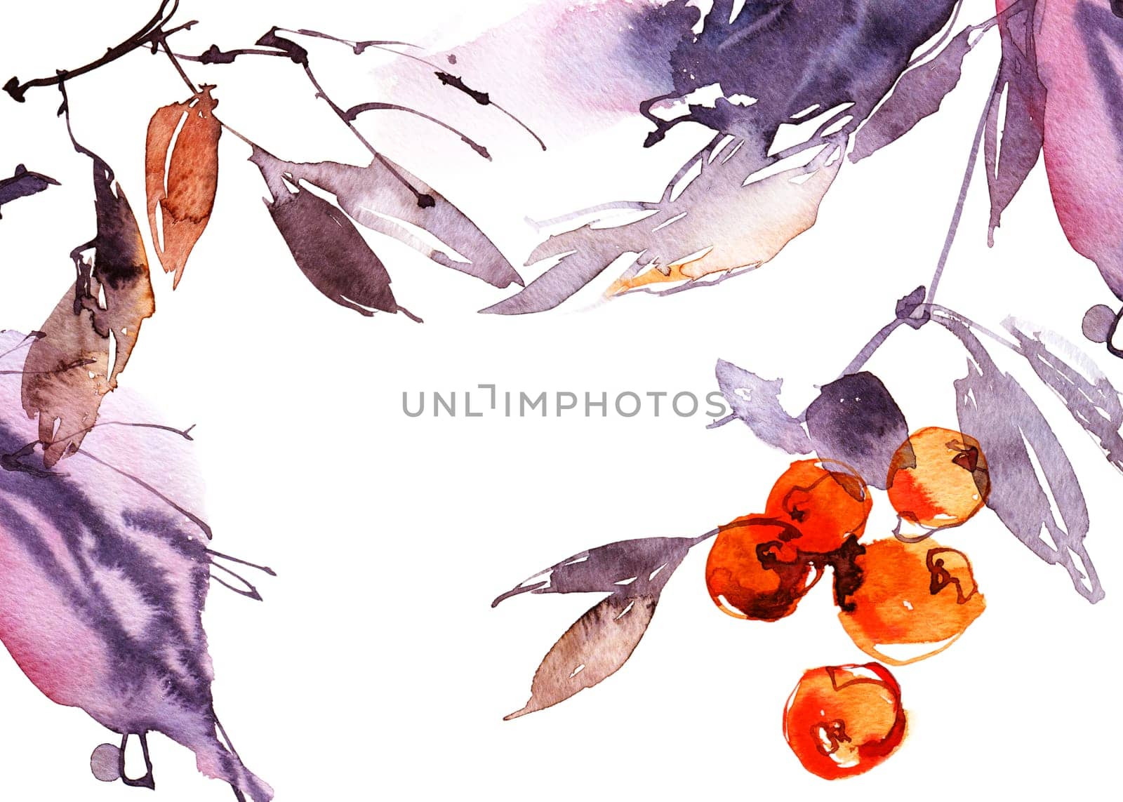 Watercolour tree branch with leaves and berries. Hand drawn modern painting, chinese painting. Artistic print for wall decor or design. Hand drawn, not AI.