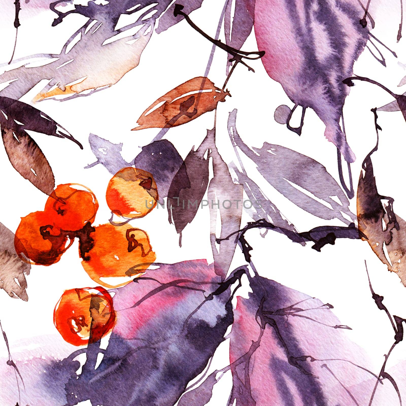 Watercolour tree branch with leaves and berries. Hand drawn modern painting, chinese painting. Seamless pattern. Hand drawn, not AI.