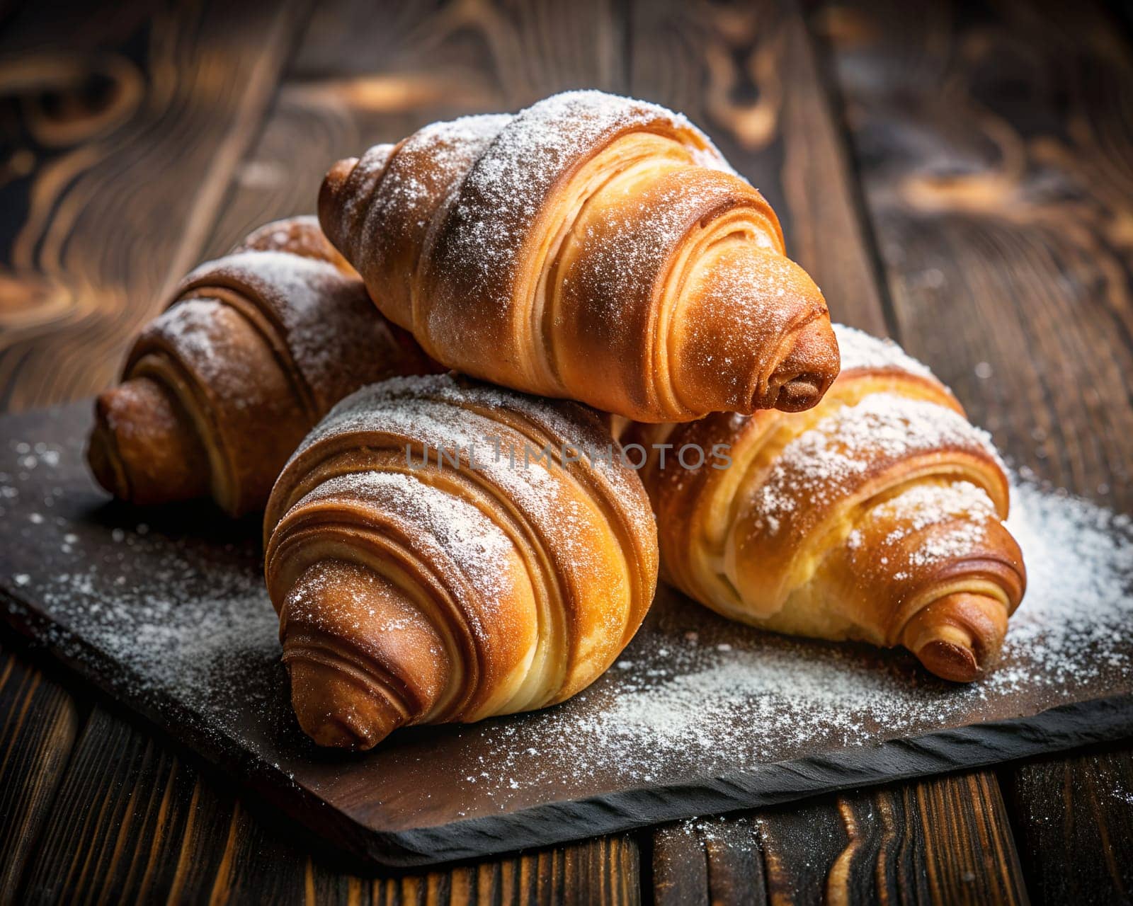 Croissants sprinkled with powdered sugar on a black wooden background, generated by AI. by Margo