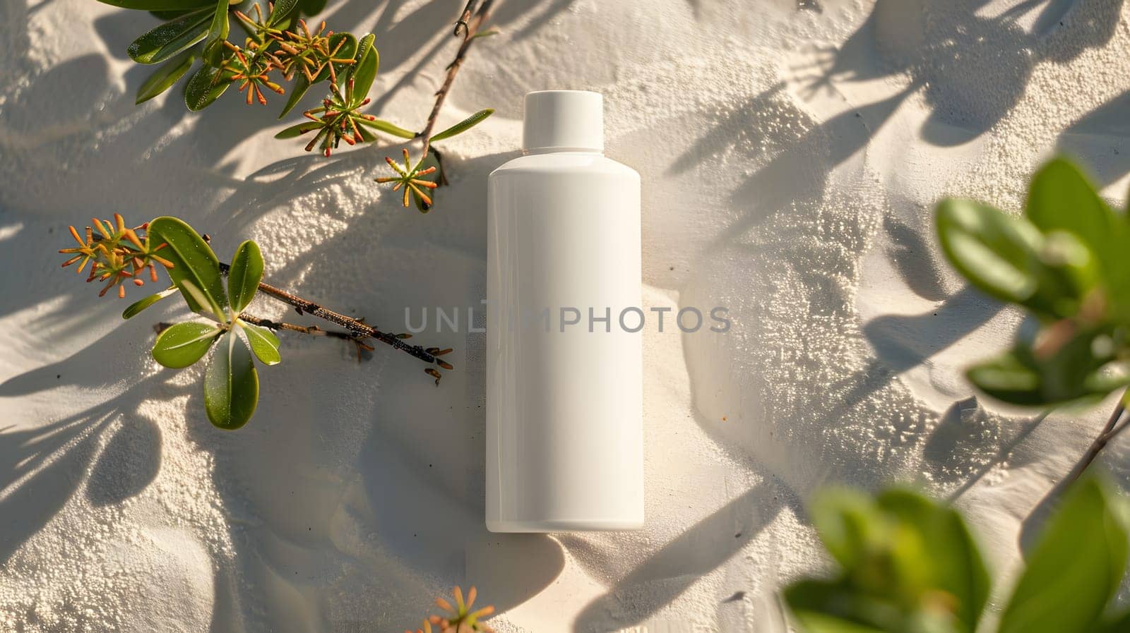 A white bottle rests on the sandy beach, surrounded by terrestrial plants and trees. The serene landscape is dotted with twigs and grass, creating a picturesque scene