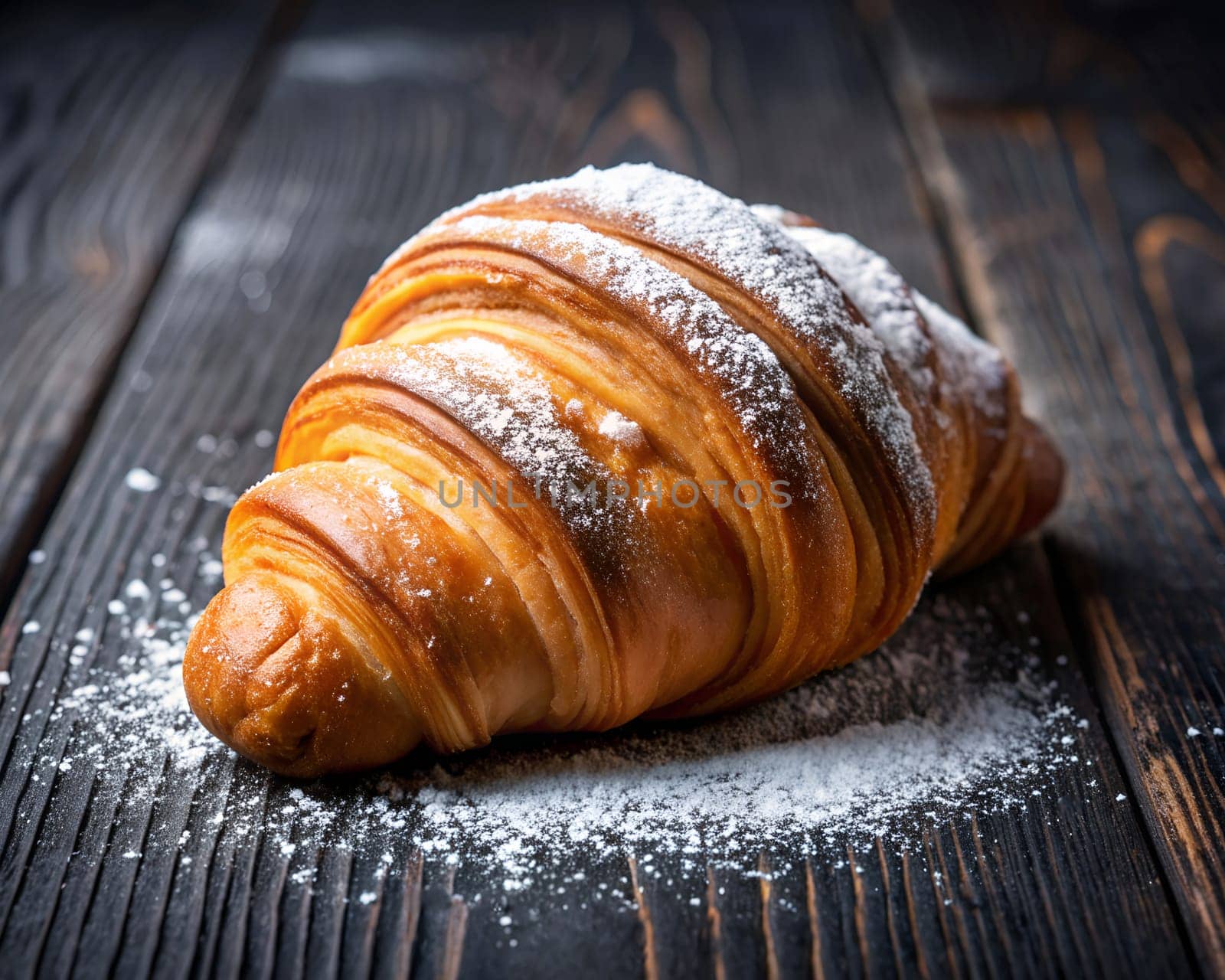 One croissant sprinkled with powdered sugar on black wooden background, generated by AI. by Margo