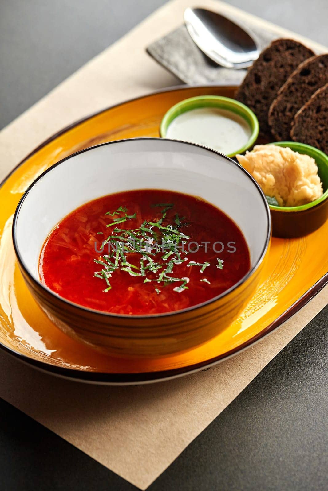 Red borscht with sour cream, black bread and lard with garlic spread by nazarovsergey