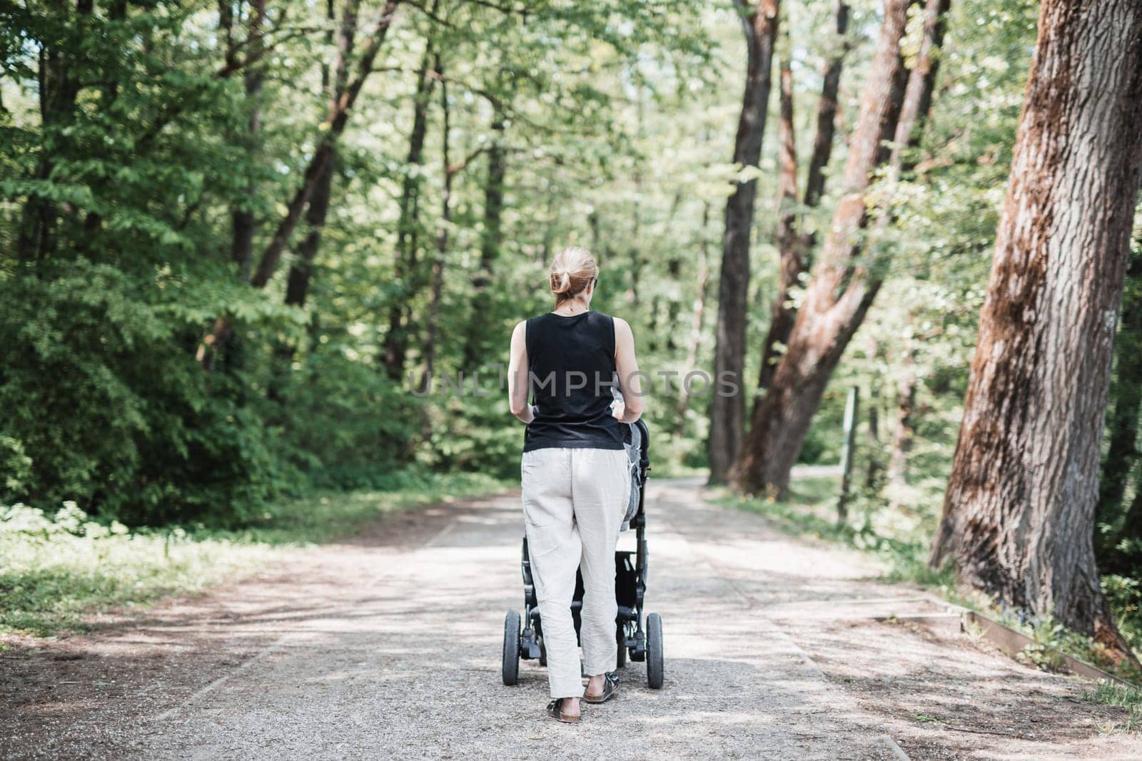 Rear view of casually dressed mother walking with baby stroller in Koseski bajer city park in Ljubljana, Slovenia. Family, child and parenthood concept.