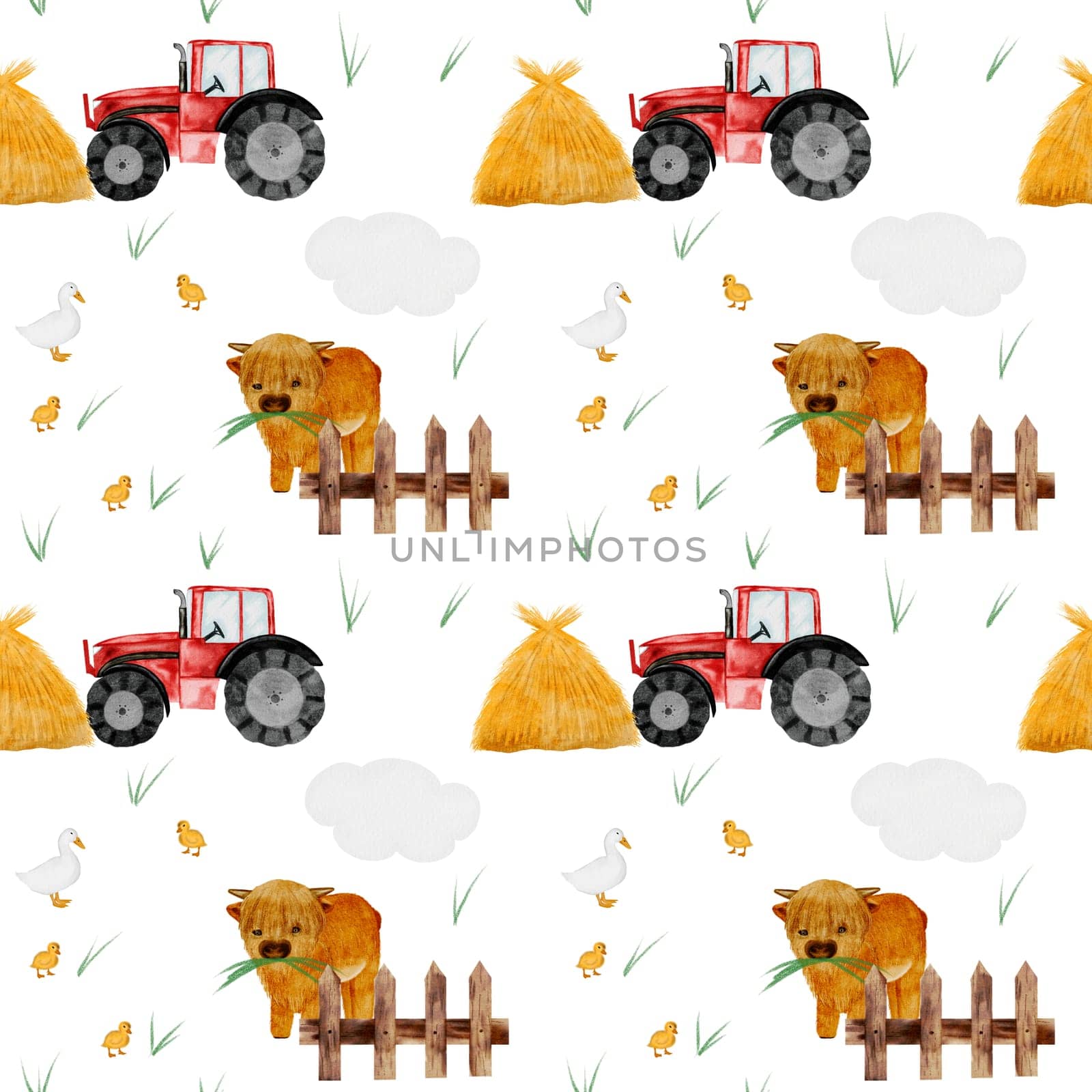 Farm cute animals watercolor seamless pattern. Drawing of a red toy car, bull, duck, haystack, grass and cloud on a white background. Illustration of an agricultural machine. For children's textiles, bed linen, diapers, diapers for boys