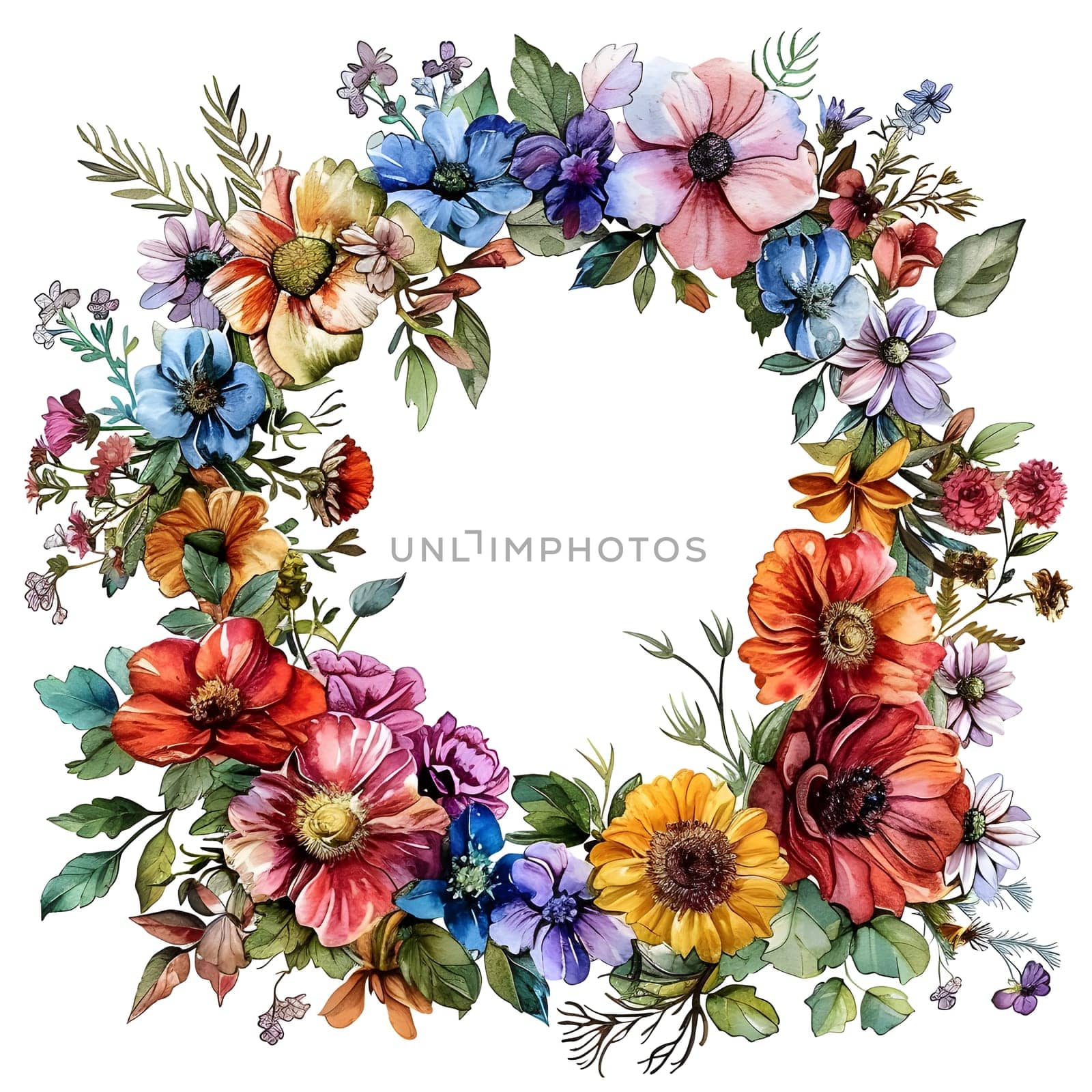 A creative arts masterpiece consisting of a wreath made of colorful flowers, leaves, and twigs arranged on a white rectangular dishware background