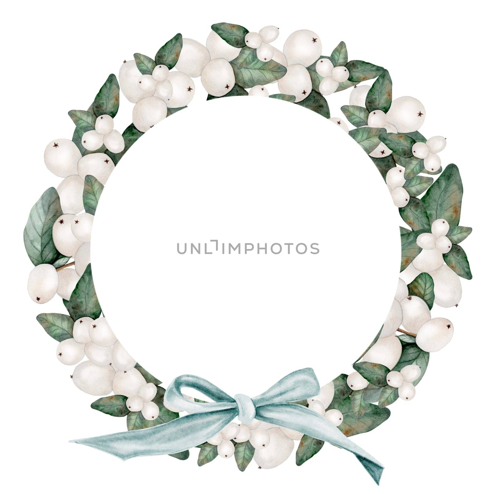 Mistletoe white watercolor. A round wreath made of branches with berries and bow. Frame clip on isolated white background. Ideal for wedding invitations cards for Christmas and New Year. Snowberry realistic drawing. High quality illustration