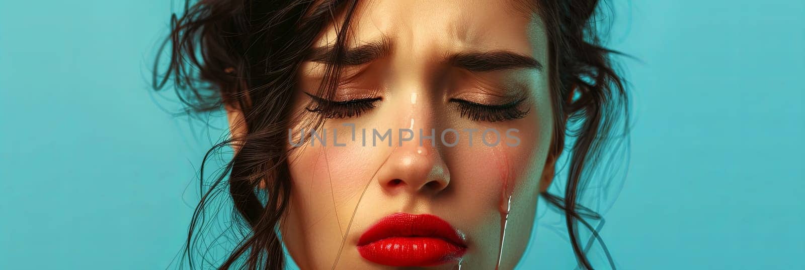 A young woman with streaked mascara and red lipstick, tears flowing down her face, conveying deep sorrow and emotional distress.
