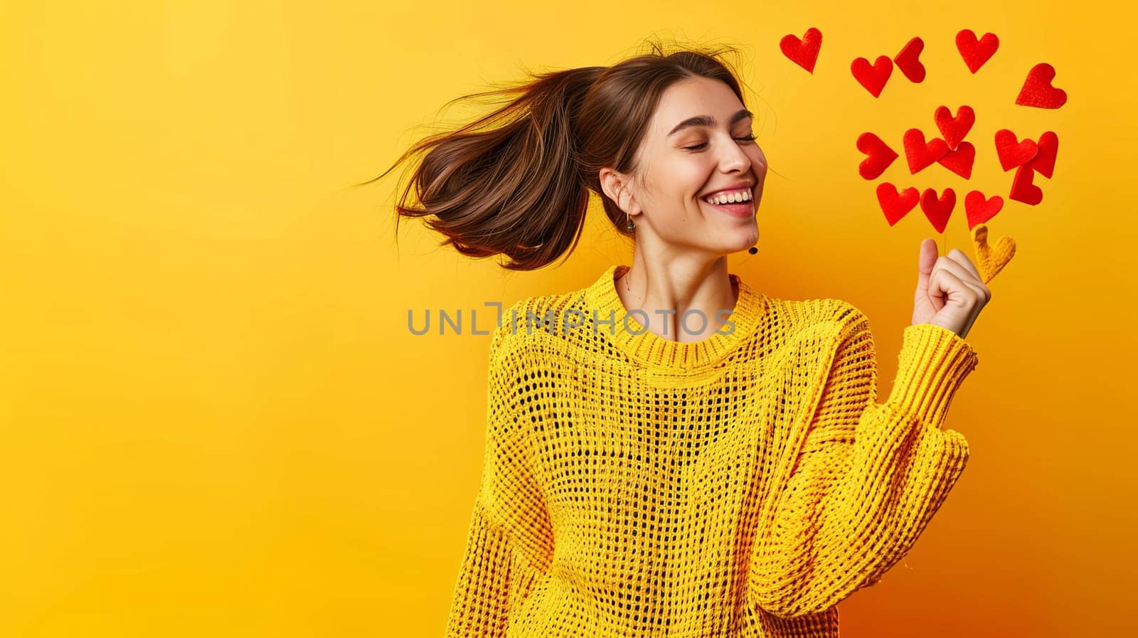 Happy young woman catching social likes hearts on yellow background with copy space. Creative concept of social networks, public approval.