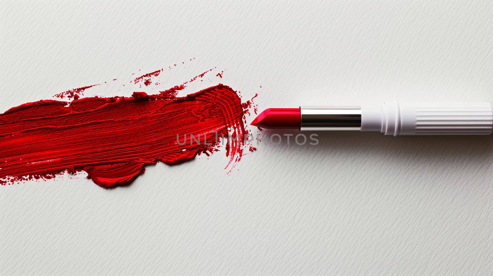 A close-up view of a vibrant red lipstick smudge on a pristine white surface.