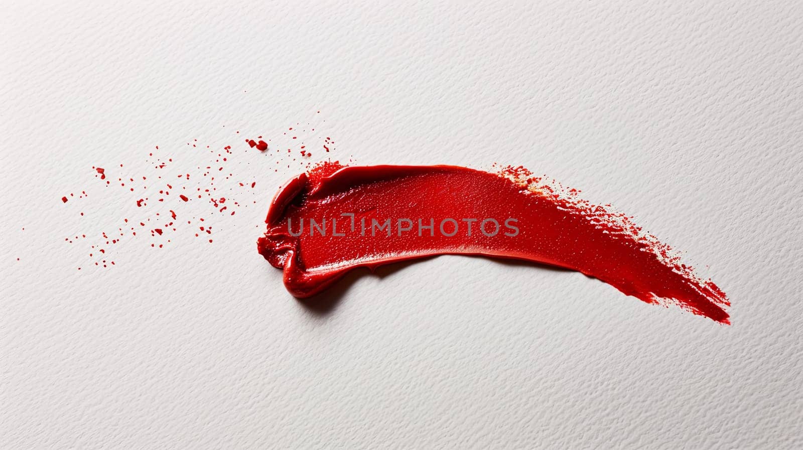 A vibrant red lipstick smudge contrasts against a pristine white surface, creating an artistic and lively scene.