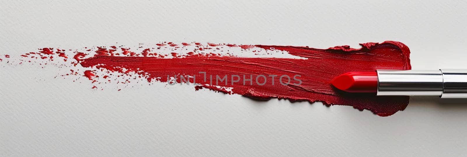 A vivid red lipstick leaves a swatch line on a white background with a mixture of classic matte textures.