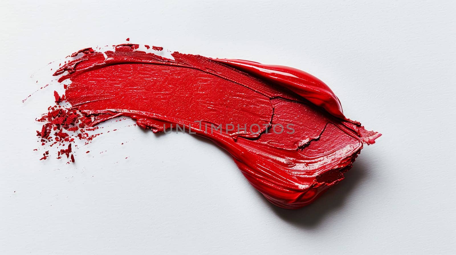 A close-up of a lipstick smudge in classic red on a pristine white surface, leaving a vivid impression.