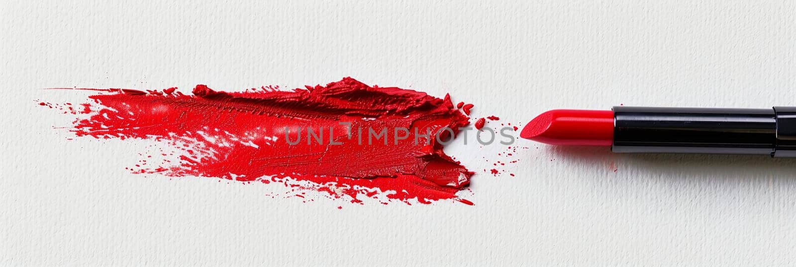 Close-up of red lipstick drawing a swatch line on a white surface, leaving a smear of classic red matte lipstick.