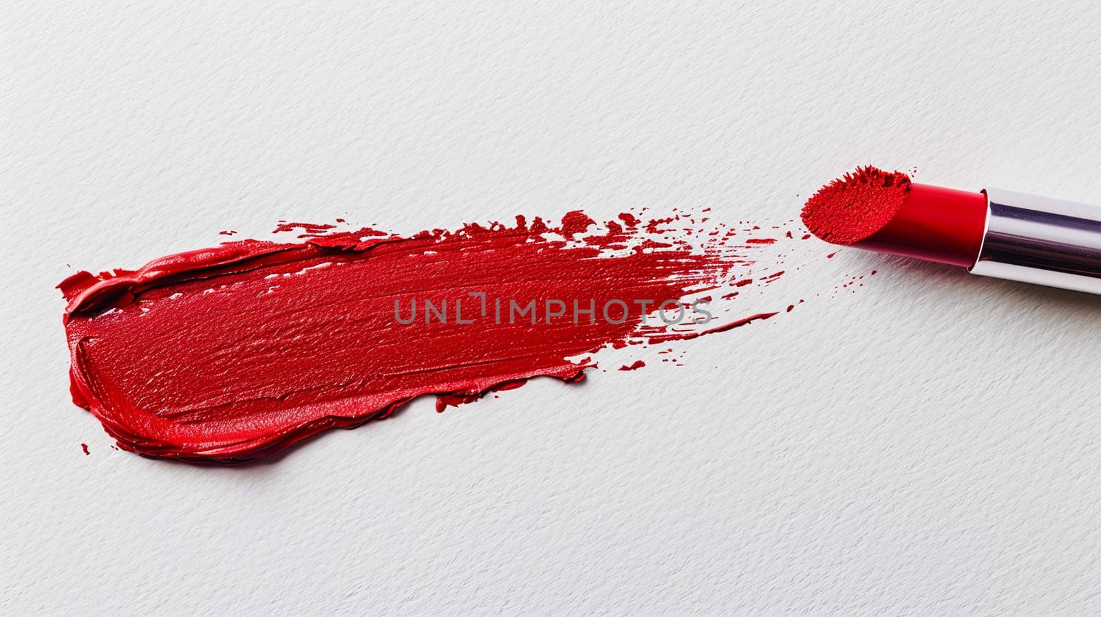 A red lipstick brush swipes across paper, leaving a vivid matte red swatch. Classic and elegant beauty.
